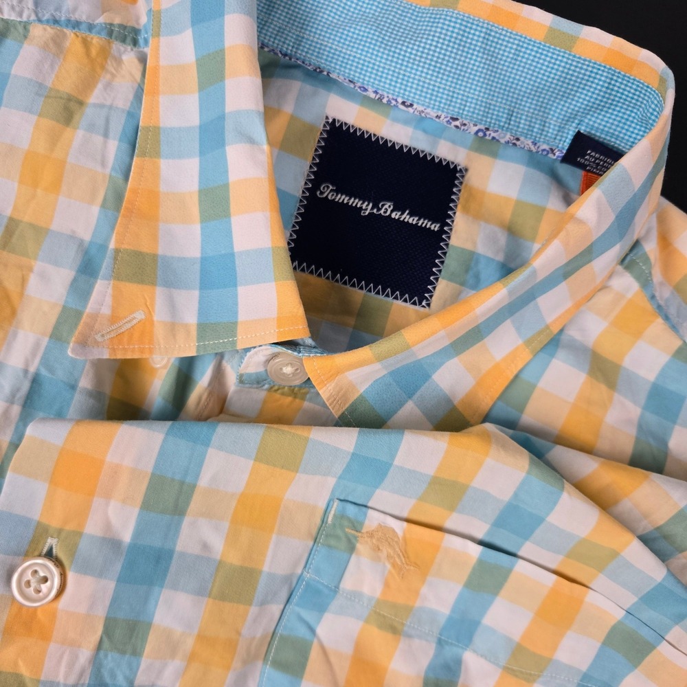Tommy Bahama Mens XL Pima Cotton Gingham Button Down Shirt Blue Yellow Plaid